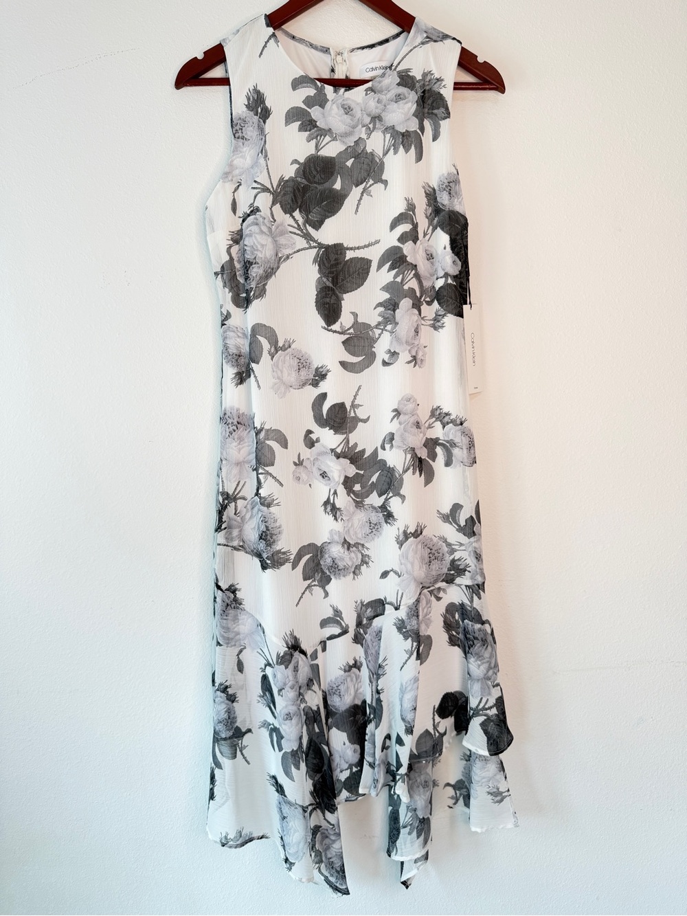 Calvin Klein Gray Floral Asymmetric Hem Midi Dress Women 6 Fairy Grunge Chic NWT